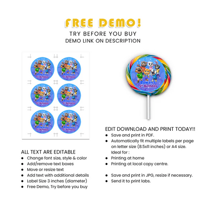 Custom Talking Tom Lollipop Label Party Printable
