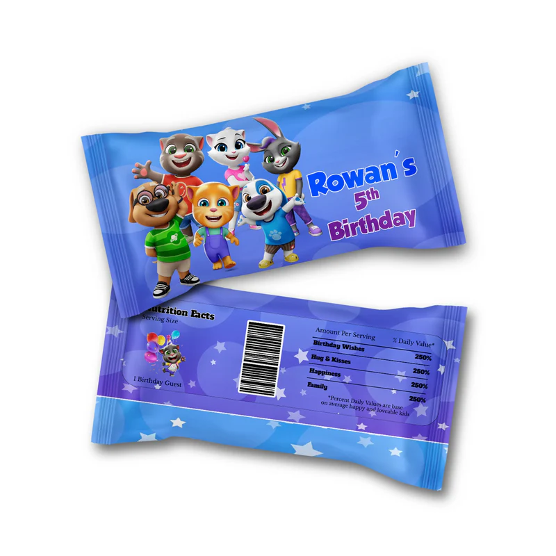 Talking Tom Skittles label with vibrant character patterns and custom name for candy pack wrappers.