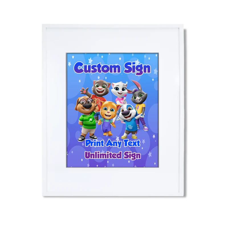 Talking Tom custom sign with character border and personalized birthday message for party decor.