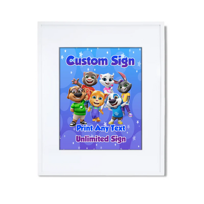 Talking Tom custom sign with character border and personalized birthday message for party decor.
