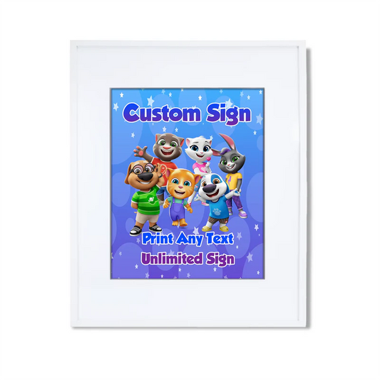 Talking Tom custom sign with character border and personalized birthday message for party decor.