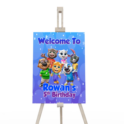 Talking Tom welcome sign featuring character graphics and personalized guest greeting for event entrance.