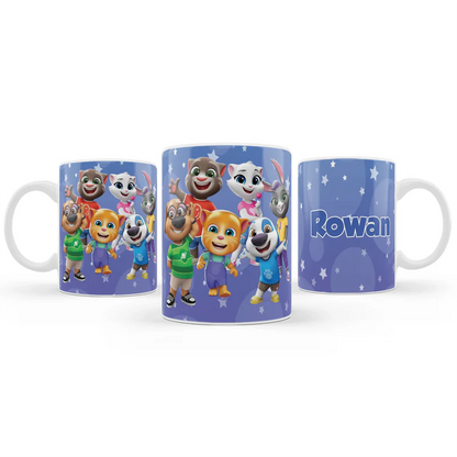 Talking Tom sublimation mug with character wrap design and personalized name on white ceramic.