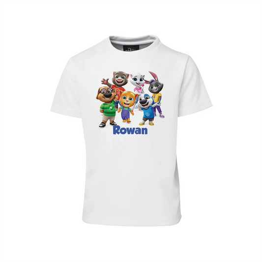 Talking Tom sublimation t-shirt with large character print and personalized name on white cotton.