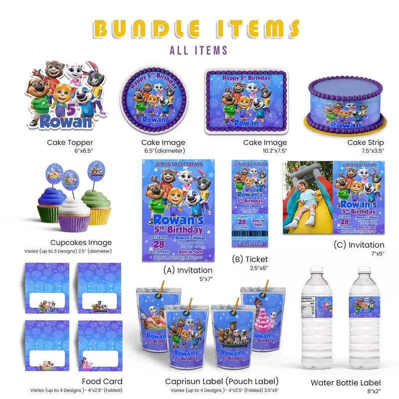 Talking Tom personalized party pack bundle with colorful digital templates and character graphics on white background.