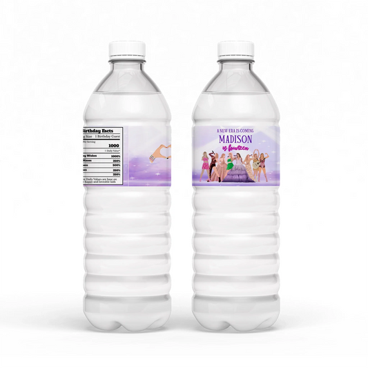 Taylor Swift Water Bottle Label with custom party-themed designs