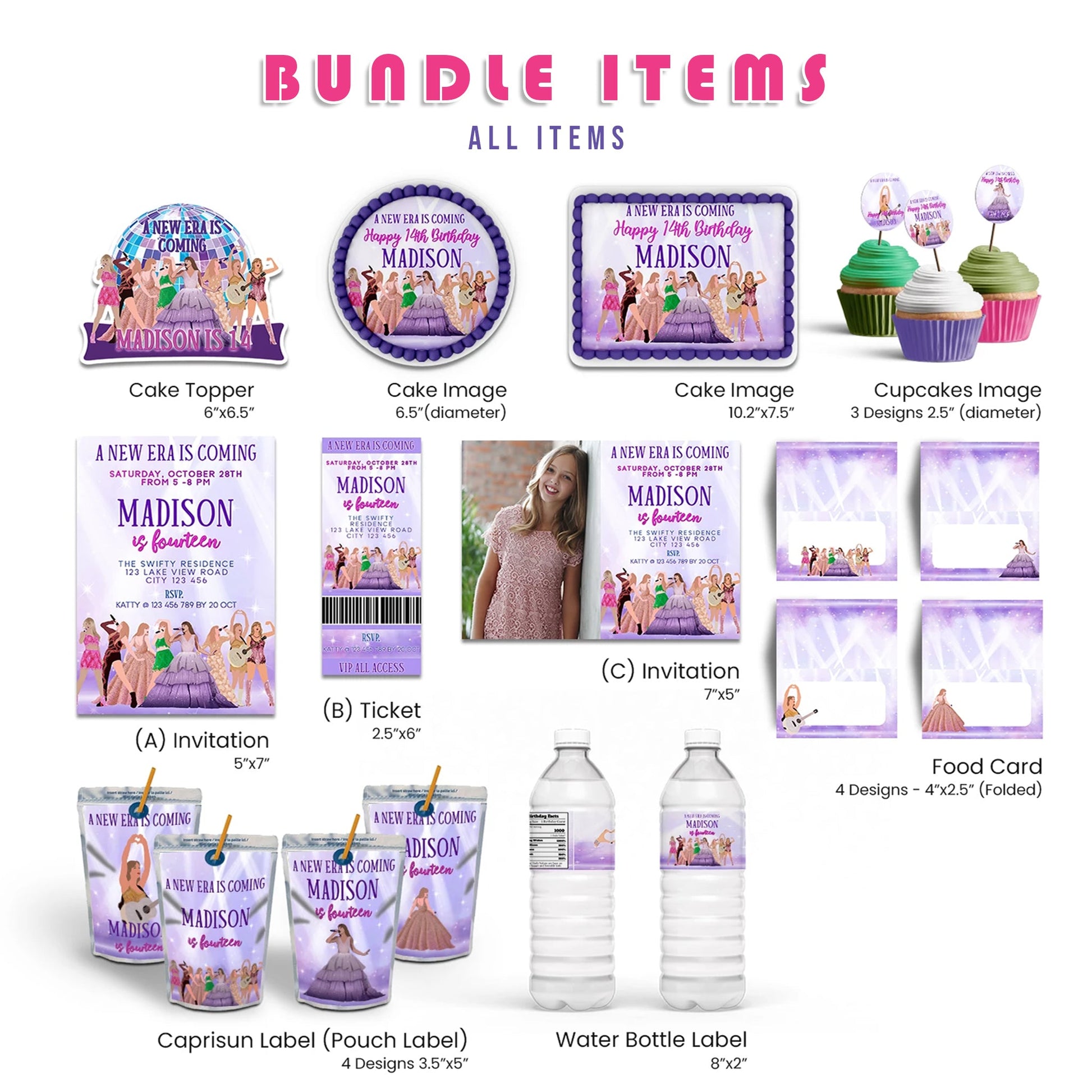 Taylor Swift Personalized Digital Template Party Pack featuring custom designs for themed events