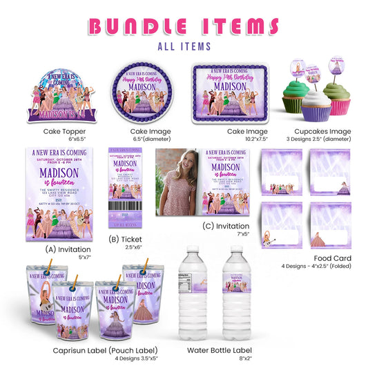 Taylor Swift Personalized Digital Template Party Pack featuring custom designs for themed events