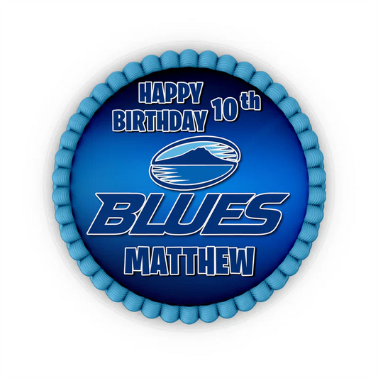 The Blues Rugby personalized edible icing cake images displaying a round rugby ball and team logo graphic layout in deep blue.