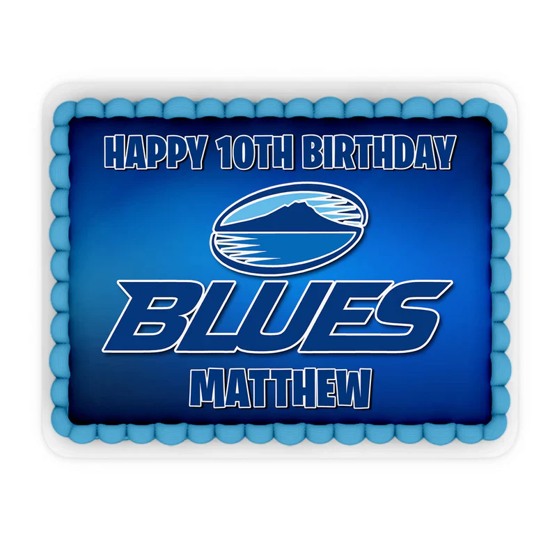 The Blues Rugby personalized edible sheet cake images showing a rectangular rugby field pitch pattern with custom text.
