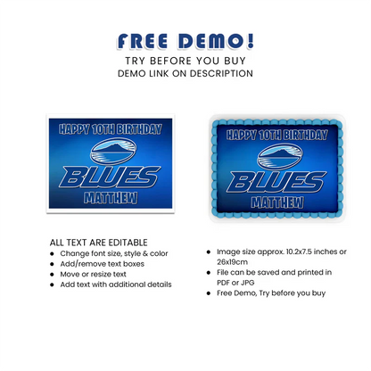 The Blues Rugby Personalized Icing Sheet Cake Topper Images Digital Download