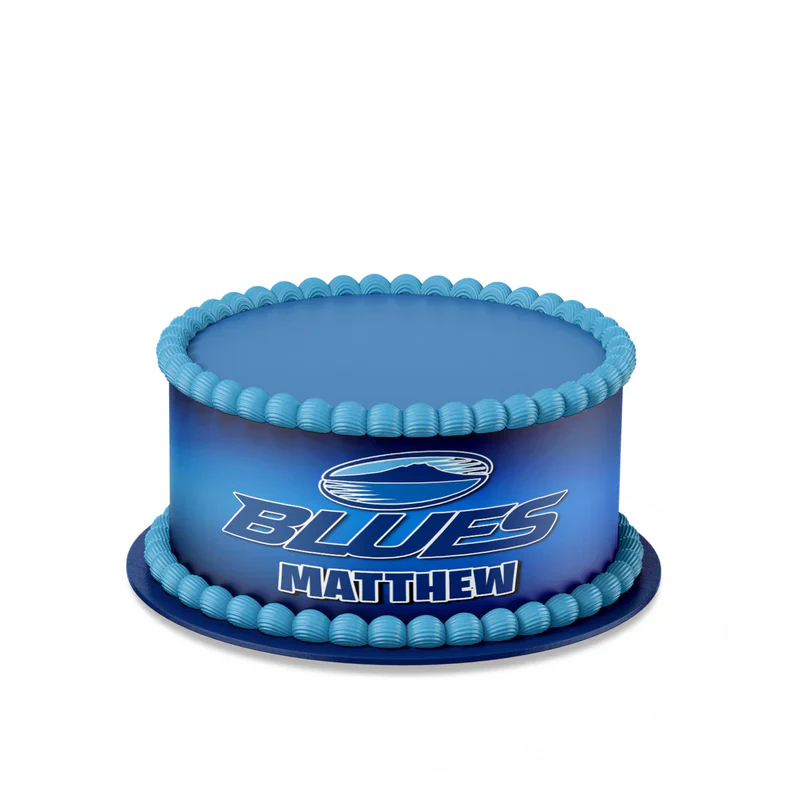 The Blues Rugby personalized cake strips image featuring navy blue and white athletic stripe patterns on a white background.