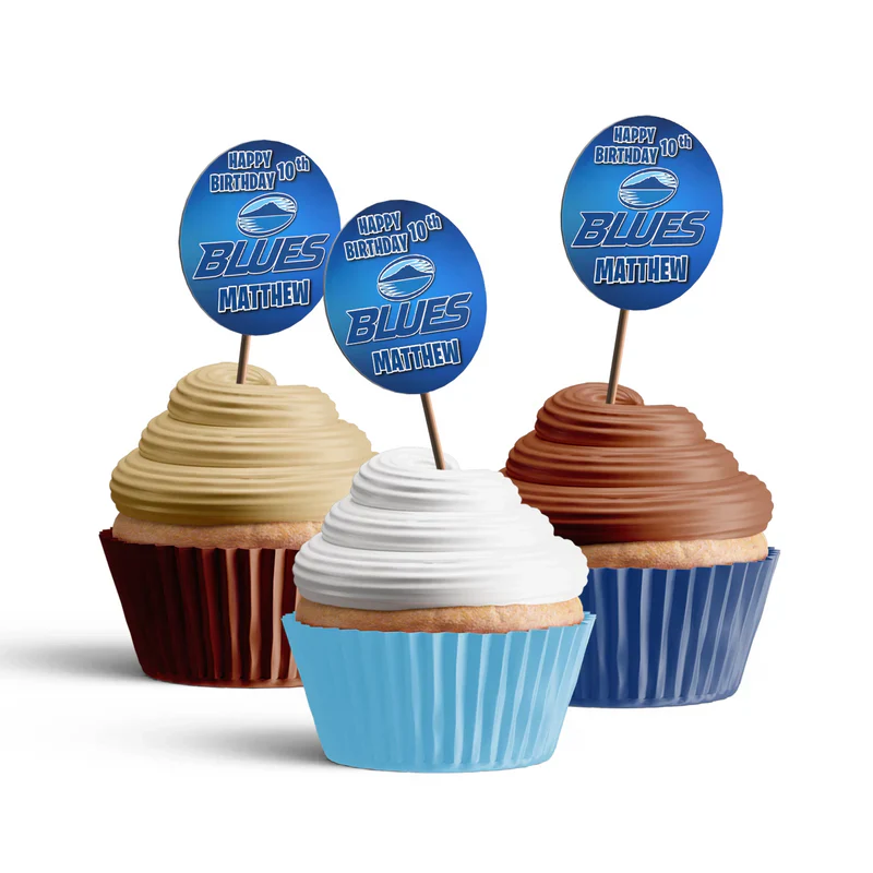 The Blues Rugby personalized cupcakes toppers featuring small round blue jersey graphics attached to small wooden picks.