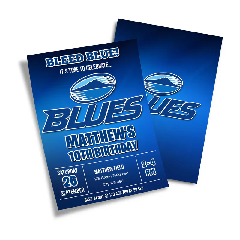The Blues Rugby personalized birthday card invitations with a dark blue background, bold athletic font, and star accents.