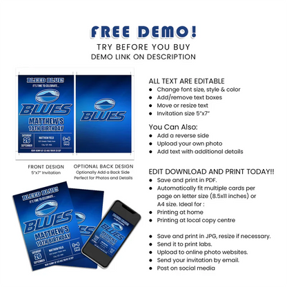 The Blues Rugby Personalized Birthday Card Invitations Digital Download