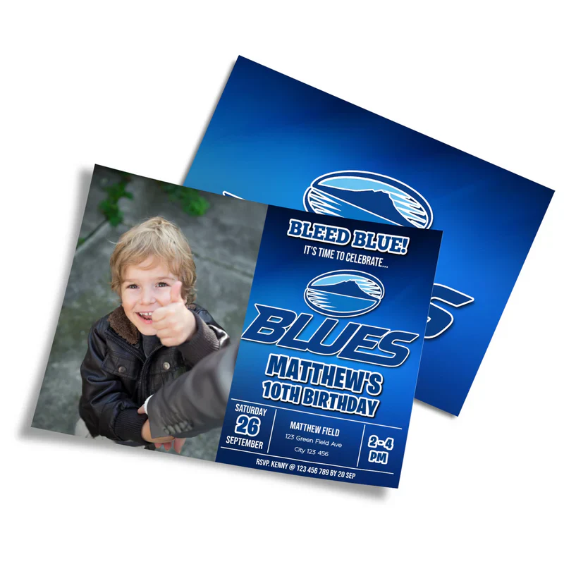 The Blues Rugby personalized photo card invitations showing a stadium match ticket template with a custom picture frame slot.