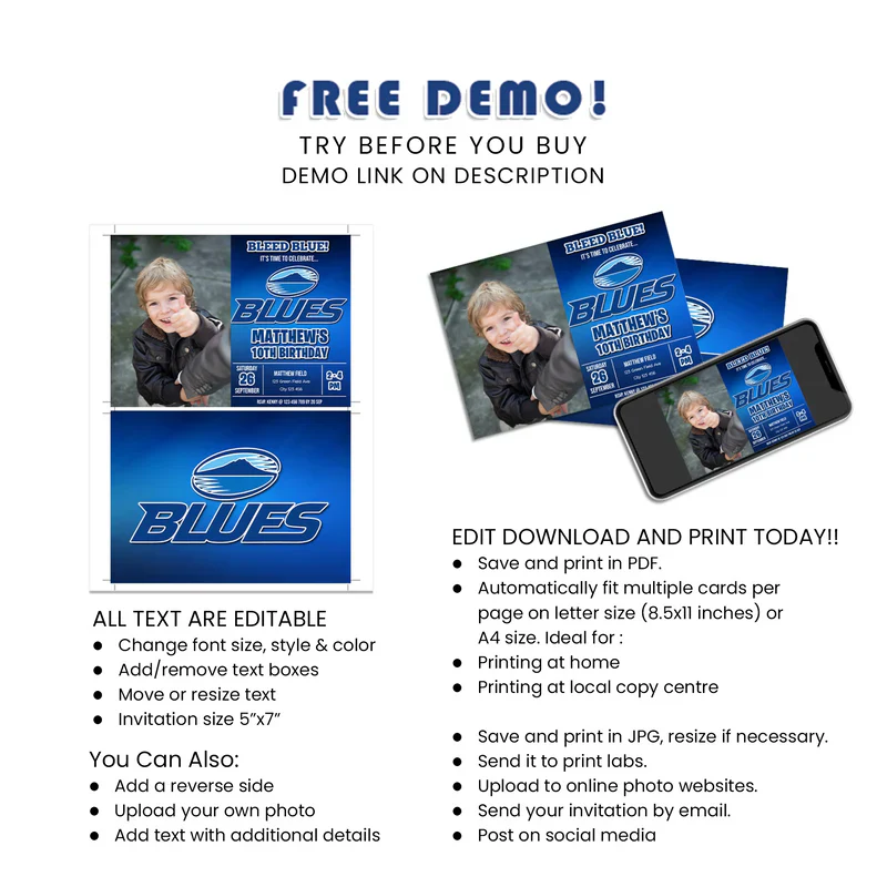 The Blues Rugby Personalized Photo Card Invitations Digital Download