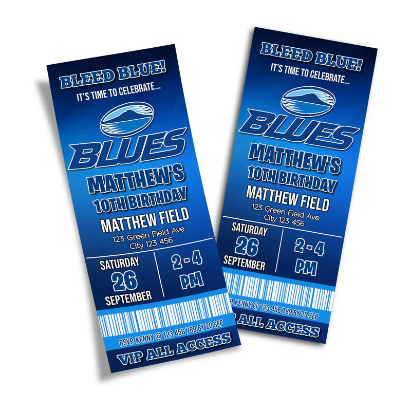 The Blues Rugby personalized birthday ticket invitations shaped like a grandstand admission pass with team blue borders.