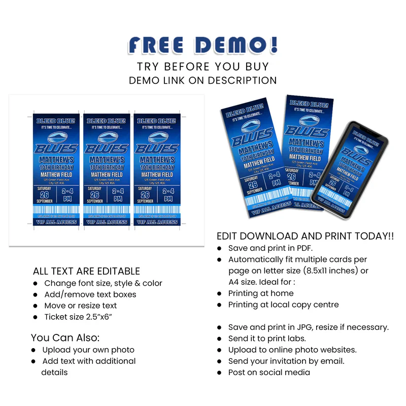 The Blues Rugby Personalized Birthday Ticket Invitations Digital Download