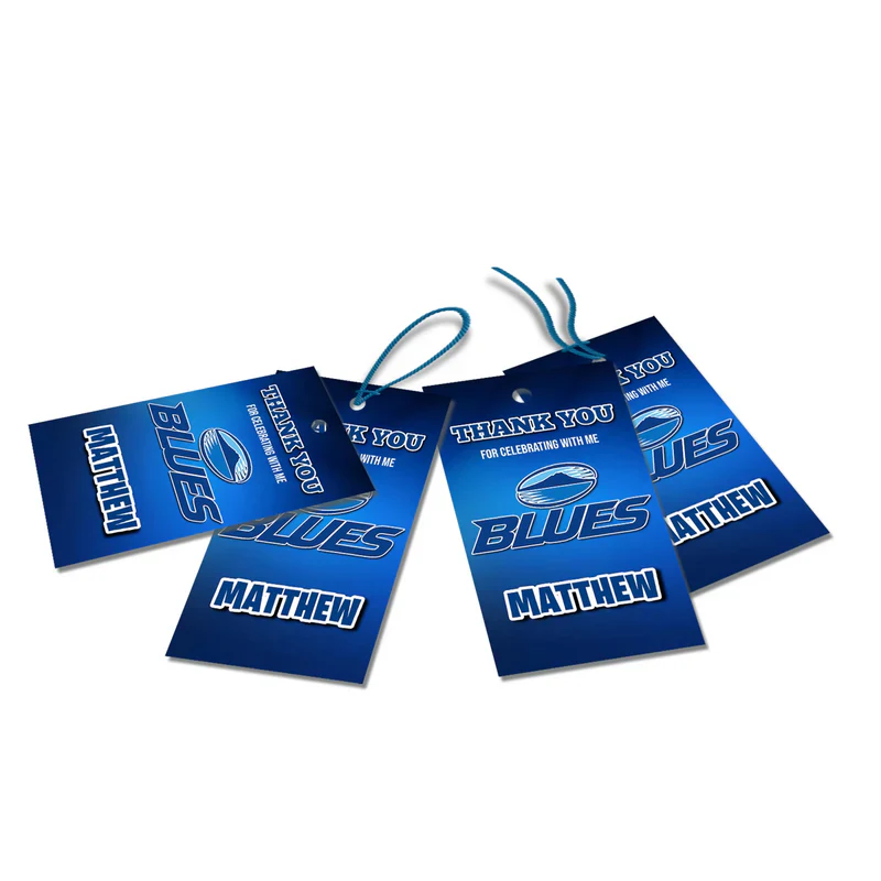 The Blues Rugby thank you tags featuring bold rugby ball patterns and blue block text on a textured card cutout.