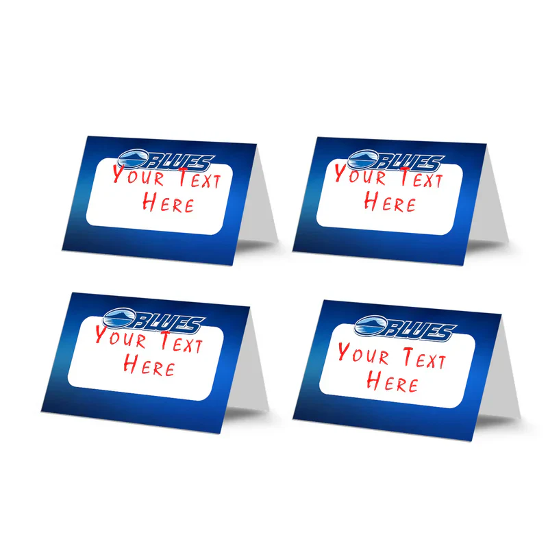 The Blues Rugby food cards showing  tented labels with stadium and goal post graphics over a dark blue border.