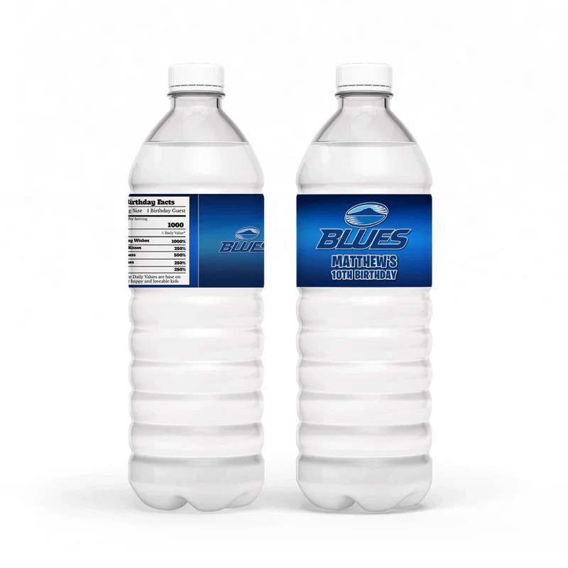 The Blues Rugby water bottle label wrap featuring blue athletic textures and bold white fonts on a plastic bottle mockup.