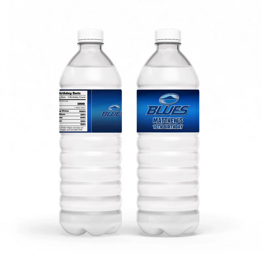 The Blues Rugby water bottle label wrap featuring blue athletic textures and bold white fonts on a plastic bottle mockup.