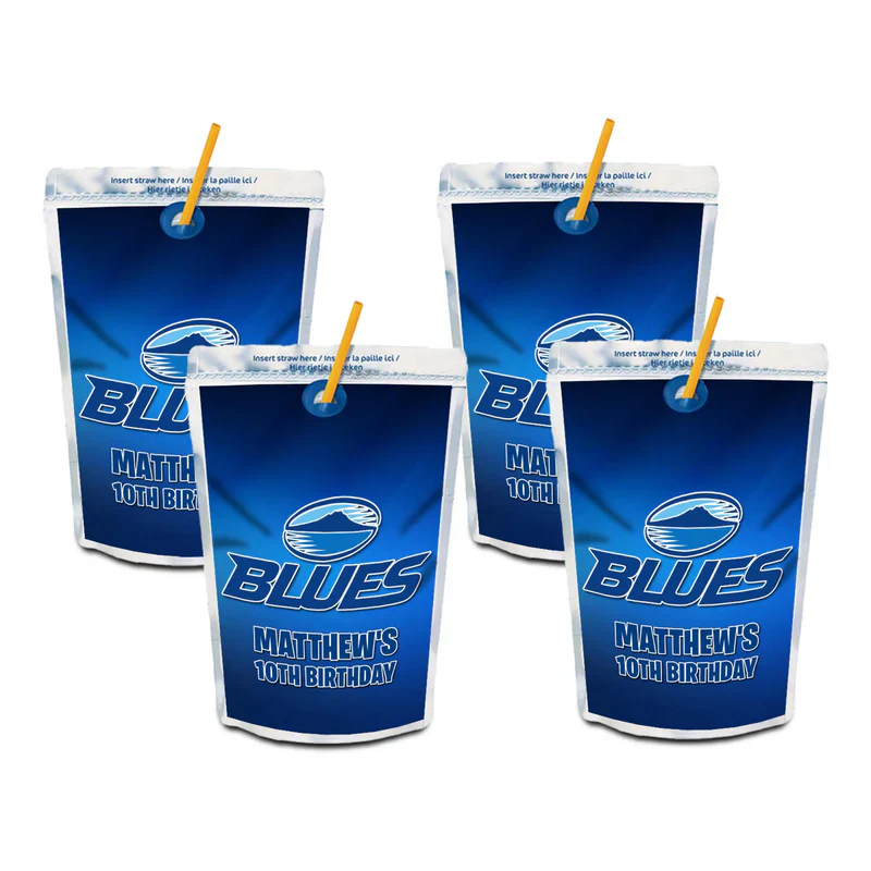 The Blues Rugby juice pouch label showing a rectangular graphic with custom greetings over a blue stadium light pattern.