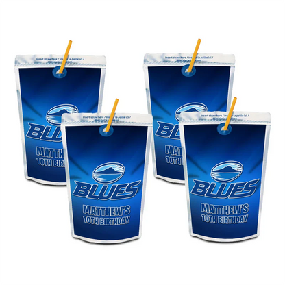 The Blues Rugby juice pouch label showing a rectangular graphic with custom greetings over a blue stadium light pattern.