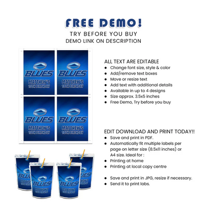 The Blues Rugby Juice Pouch Label Digital Download Template