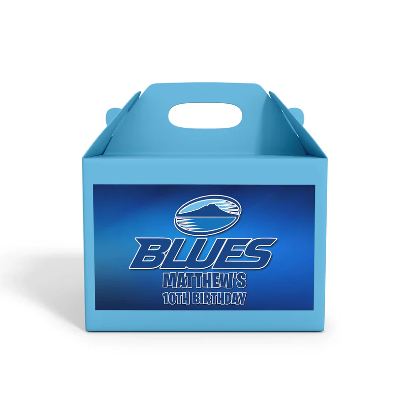 The Blues Rugby treat box label wrapped around a small paper favor box with vibrant navy blue stripes and logo accents.