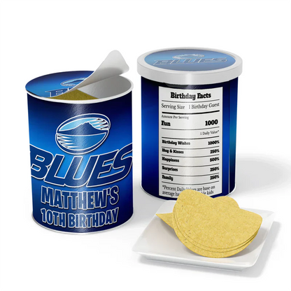 The Blues Rugby small Pringles label wrap featuring a colorful rugby jersey pattern layout wrapped around a snack can.
