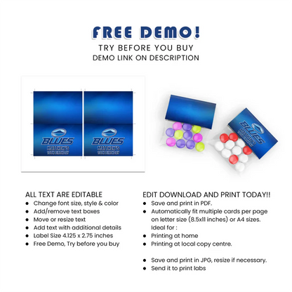 The Blues Rugby Treat Bag Topper Label Digital Download