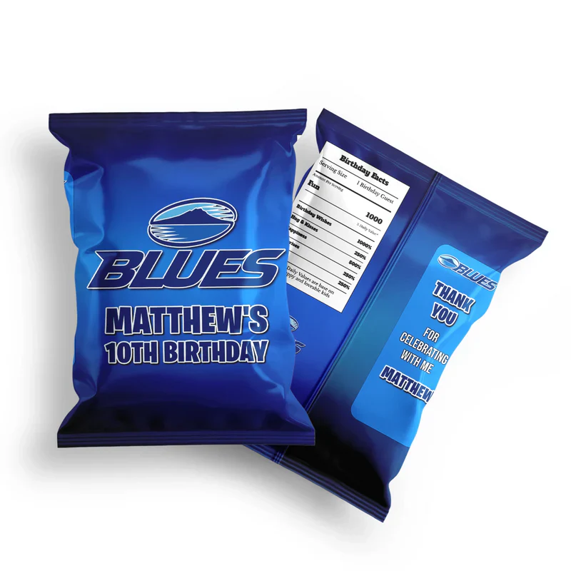The Blues Rugby chips bag label featuring a glossy custom snack wrapper template with blue stadium lights and rugby graphics.