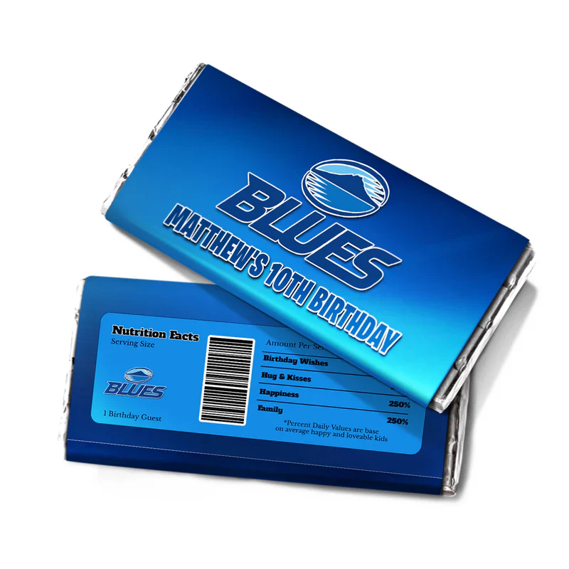 The Blues Rugby chocolate label wrapped around a standard candy bar showing custom text over a blue rugby pitch background.
