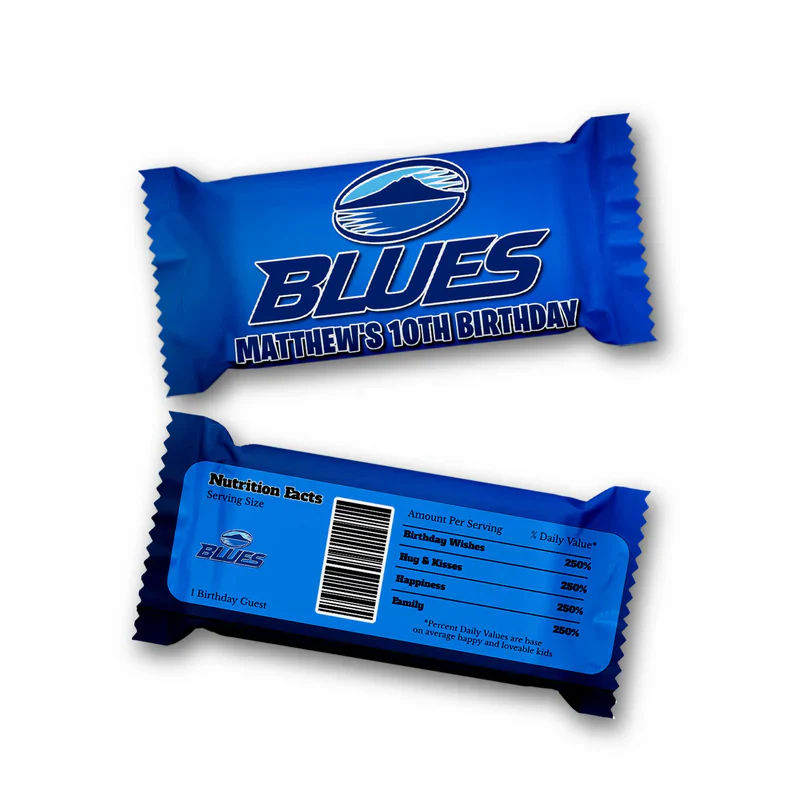 The Blues Rugby Rice Krispies treats label and candy bar label displaying matching blue and white wrappers in a flat lay.