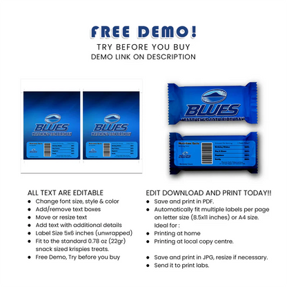 The Blues Rugby Rice Krispies & Candy Bar Label Digital Download