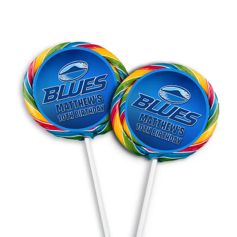 The Blues Rugby lollipop label featuring a round glossy sticker with a rugby ball graphic centered on a circular sucker.