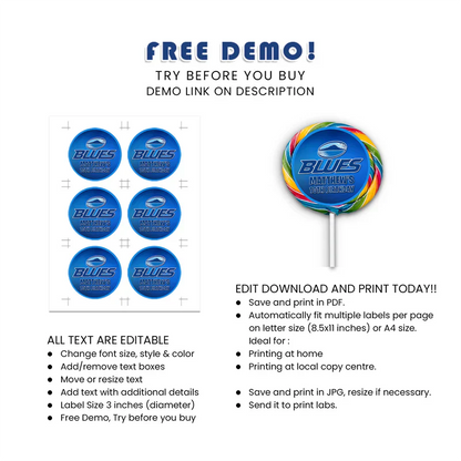 Custom The Blues Rugby Lollipop Label Digital Download