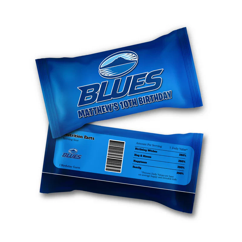 The Blues Rugby skittles label showcasing a custom candy bag overlay with vibrant blue lettering and a rugby goal post.