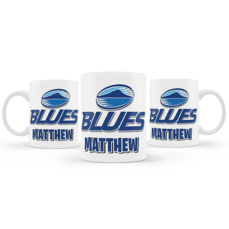 The Blues Rugby sublimation mug featuring a glossy white ceramic finish printed with a classic blue rugby jersey graphic.