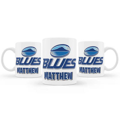 The Blues Rugby sublimation mug featuring a glossy white ceramic finish printed with a classic blue rugby jersey graphic.