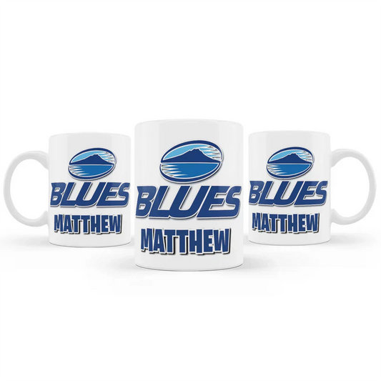 The Blues Rugby sublimation mug featuring a glossy white ceramic finish printed with a classic blue rugby jersey graphic.