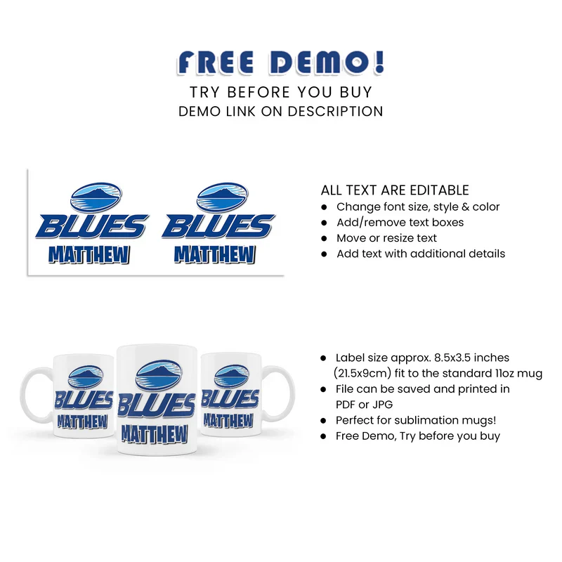 Custom The Blues Rugby Sublimation Mug Digital Download Design