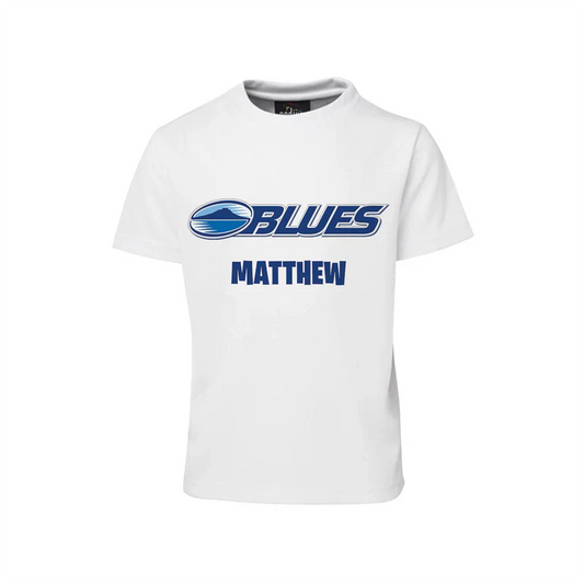 The Blues Rugby sublimation t-shirt displaying a white cotton graphic tee with a custom blue rugby player print layout.