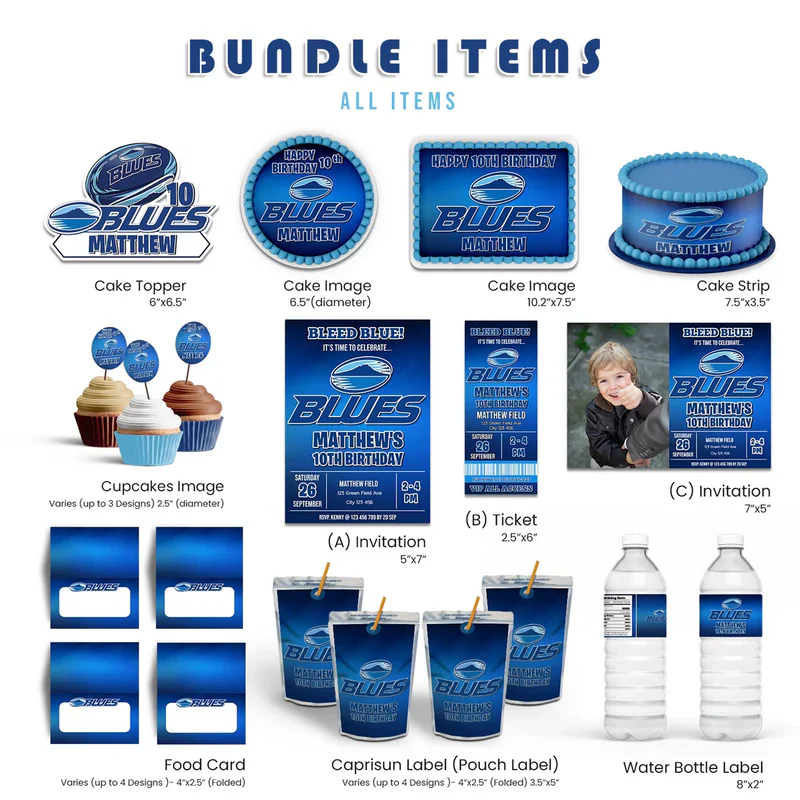 The Blues Rugby personalized party pack layout showing matching favor wrappers, team signs, and cards on a flat lay surface.