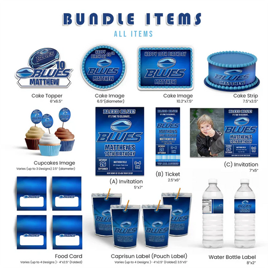 The Blues Rugby personalized party pack layout showing matching favor wrappers, team signs, and cards on a flat lay surface.