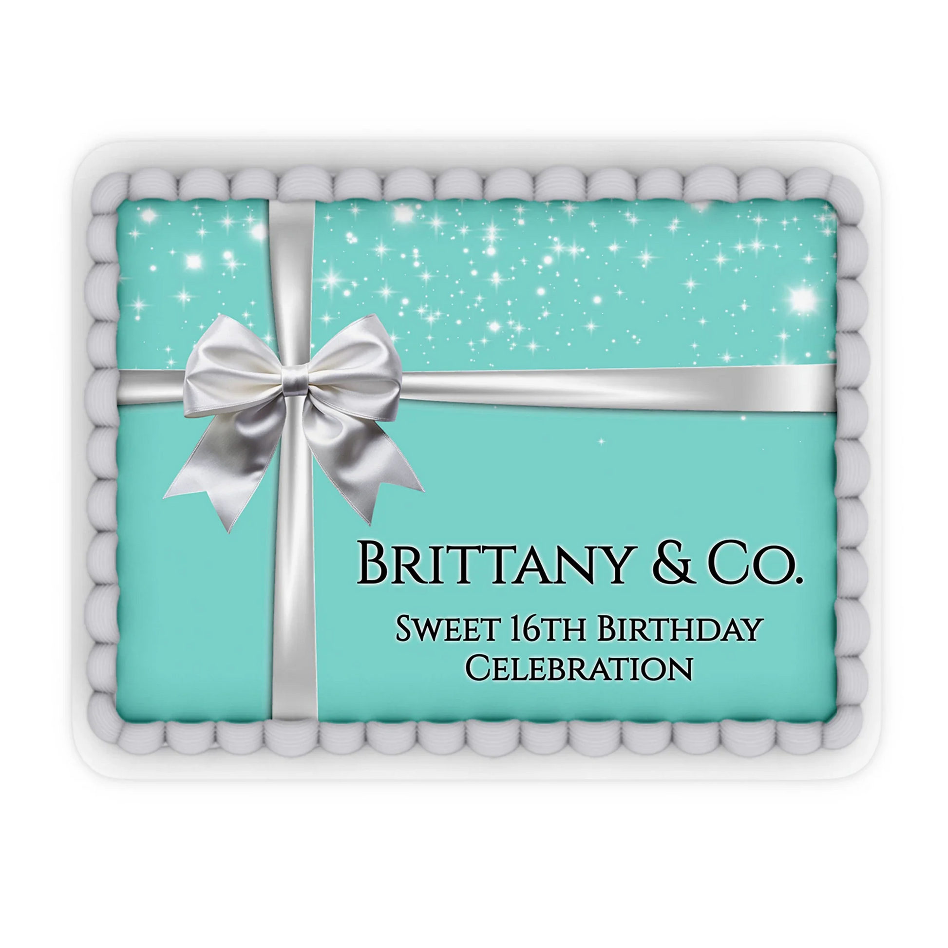 Tiffany & CO edible sheet cake images featuring luxury branding and custom message for large rectangular cakes