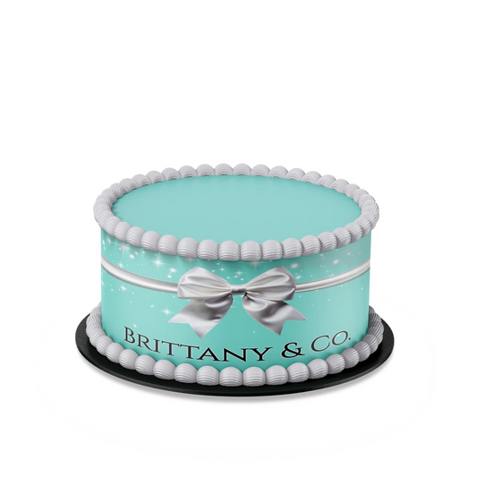 Tiffany & CO cake strips with teal blue ribbon pattern and personalized name for luxury dessert decoration