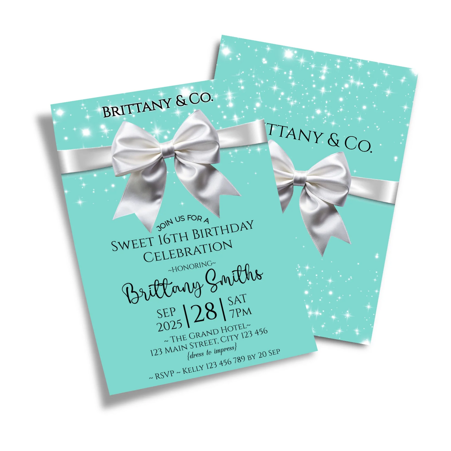 Tiffany & CO birthday card invitations with classic blue background and white ribbon design in a digital mockup